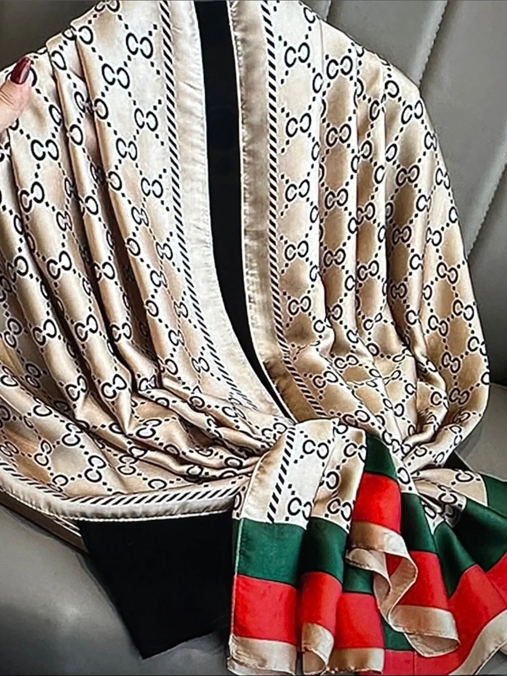 Designer-Inspired Beige Patterned Scarf with Green & Red Trim